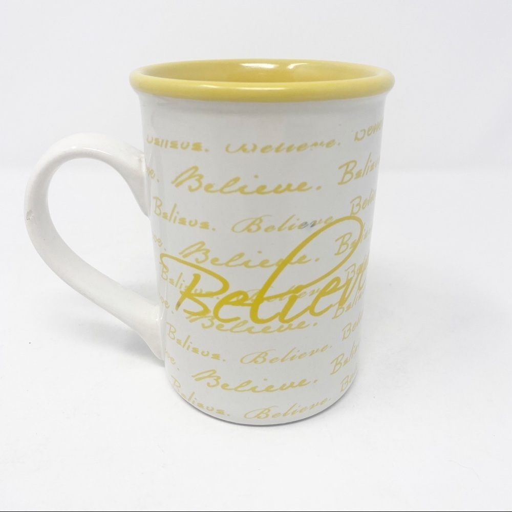 GIBSON “Believe” 14 oz Coffee Mug Cup White Yellow